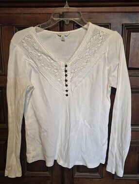 Lucky Brand Long Sleeve Henley Style Cream Colored Shirt Medium